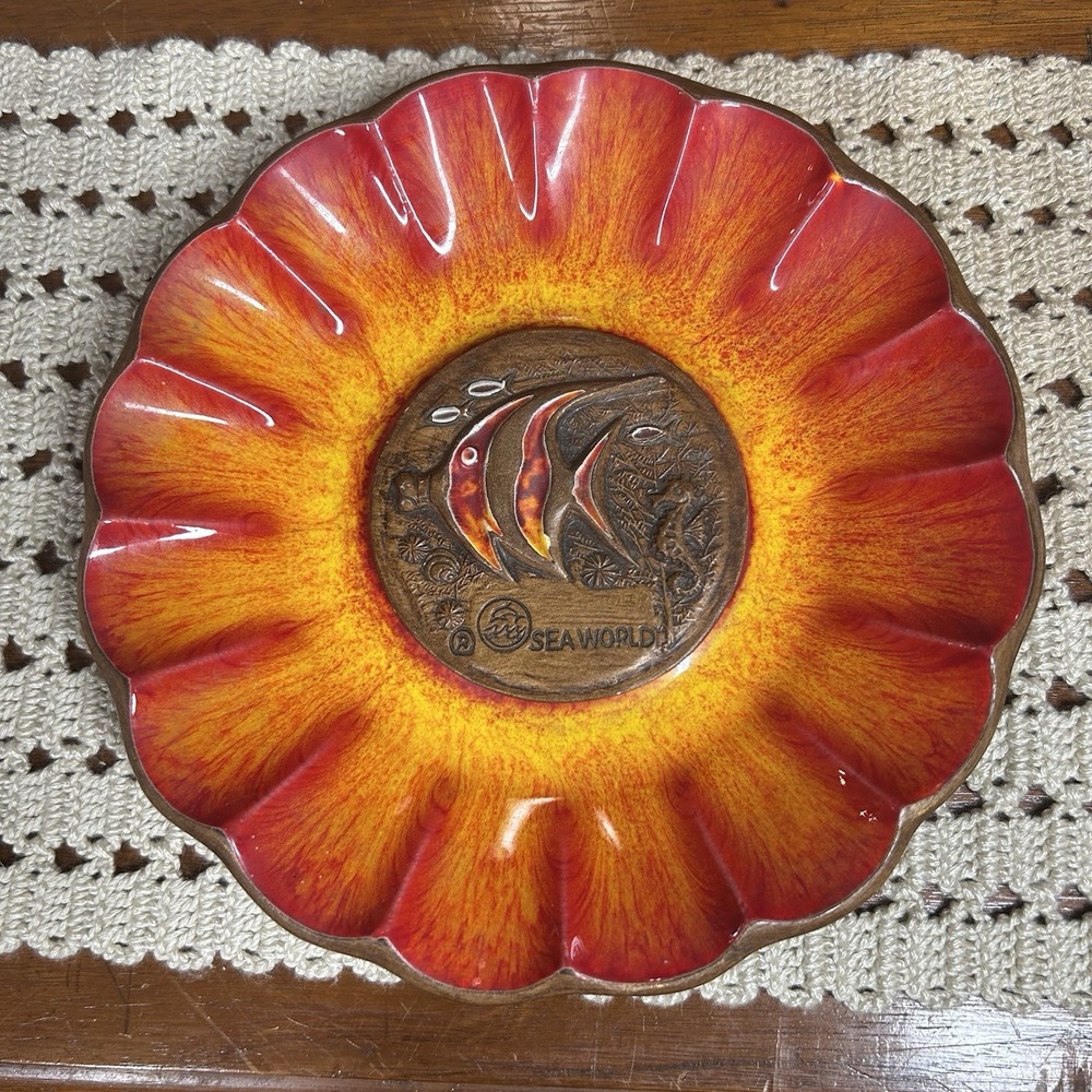 Vtg Treasure Craft USA Sea World Angel Fish Seahorse Dish Plate Tray Trinket 8"
